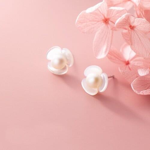 MloveAcc Real 925 Sterling Silver Pearl Fine Jewelry Clover Flower Stud Earrings for Women Brincos