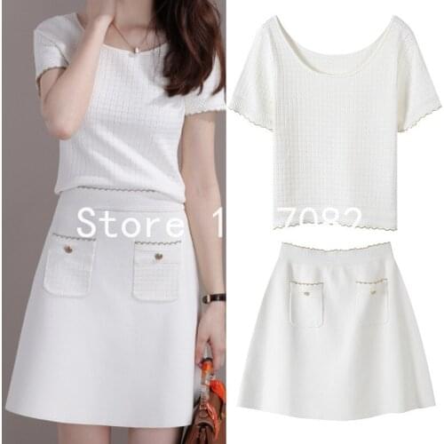 White 2 pieces set 2020 summer women designer brief lurex brim short sleeve knitted sweater top + pockets mini skirt sets JC515