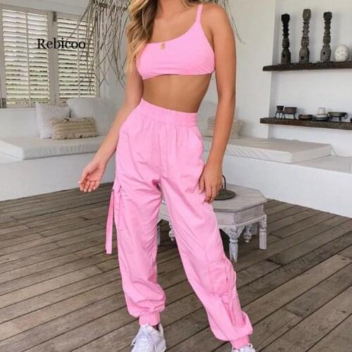 Summer New Sexy Casual Two Piece Set Women Elastic Waist Pockets Cargo Pants Suits Strap Crop Tops Loose Outfits