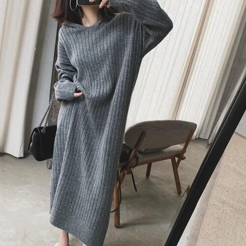 FMFSSOM Women Sweater Maxi Long Dress Chic Female Casual Autumn Winter Long Sleeve Sweater Knitted Thick Long Hooded Clothes