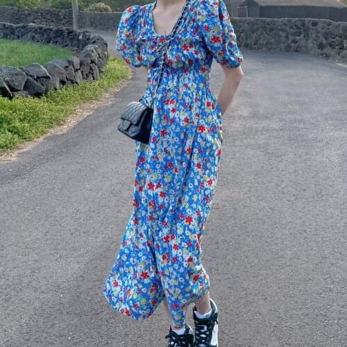 Womens Spring Summer Fashion Designer V Neck Floral Long Dress Female Chic Casual Slim Dress TB717