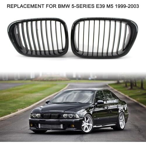 2Pcs Car Front Grille Gloss Black Front Bumper Hood Kidney Grille Racing Grille Replacement for BMW 5-Series E39 M5 1999-2003