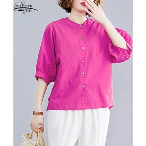 2021 Summer New Button Up Shirt Women Plus Size Tops 100% Cotton Blouse O Neck Casual Ladies Clothes Solid Color Blusas 13627