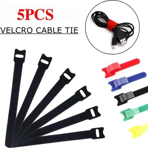 5PCS Reusable Cable Nylon Strap Black Cable Cord Hook and Loop Ties Tidy Organiser for Cable Winder