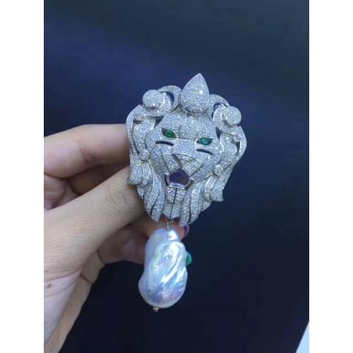 Baroque natural fresh water pearl brooch 925 sterling silver with cubic zircon head of lion brooch unisex fine jewelry