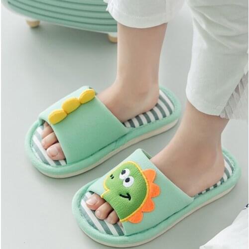 Kids Slippers Cartoon Dinosaur All Season Cotton Shoes Boys Girls Indoor Home Soft Breathable Anti-Slip Flax Slippers Sandals
