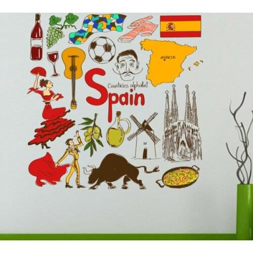 Spain Corlorful Illustration Travel The Word Landmark Wall Sticker Wedding Decor Vinyl Waterproof Sticker Wallpaper Wall Decal
