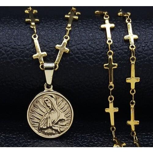 Cross Madonna Stainless Steel Chain Necklace for Women Gold Color Necklaces Jewerly gargantillas cortas mujer moda N19570