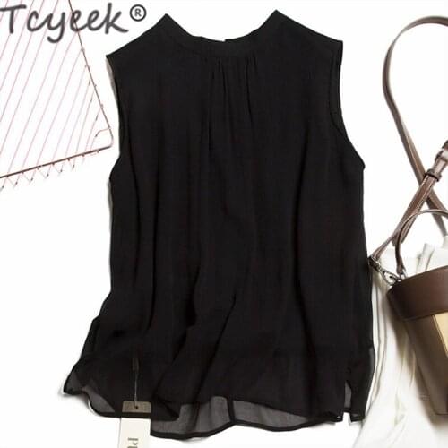 Tcyeek Real Silk Crop Top Female Summer Vintage Tops Women Clothes 2020 Korean Elegant Sleeveless Tank Top Black T-shirt D4000