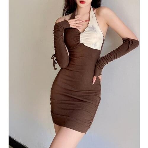 Sylcue Summer new tight miniskirt chest matching color matching design brown ice sleeve tie sexy fashion tretch Slim Soft dresss