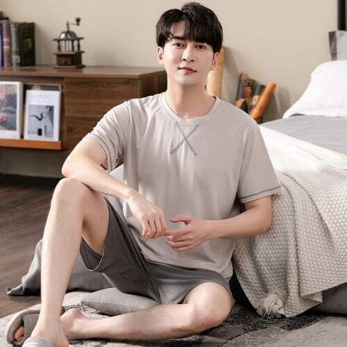 Mens modal pajamas mens summer short-sleeved shorts thin summer mens simple plus size casual solid color suit home service
