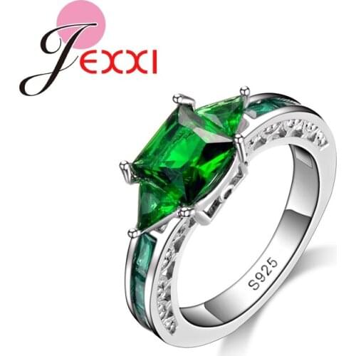 Real 925 Sterling Silver Fashion Wedding Rings For Women Green Square Simulated Crystal Bijoux Female Engagement ring