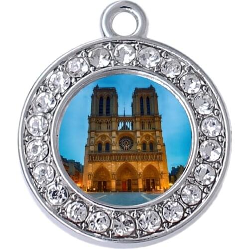 New fashion crystal inlaid enamel metal Notre Dame de Paris sticker charm for best city gift souvenir jewelry DIY pendant