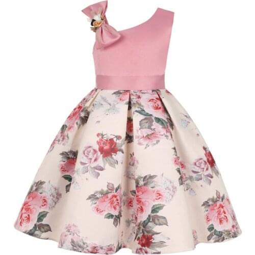 Summer 2021 new sloping shoulder girls flower print dress European and American wedding evening party princess dress 3-10 years