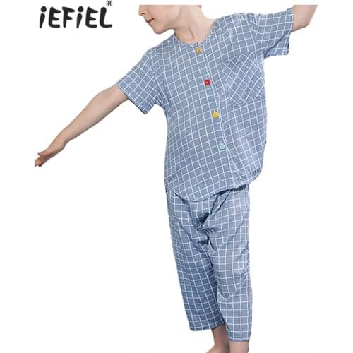 Kids Sleepwear Summer Boys Pajamas Set Plaid Short Sleeves Tops With Cropped Trousers Tracksuit Outfit Children Casual Homewear