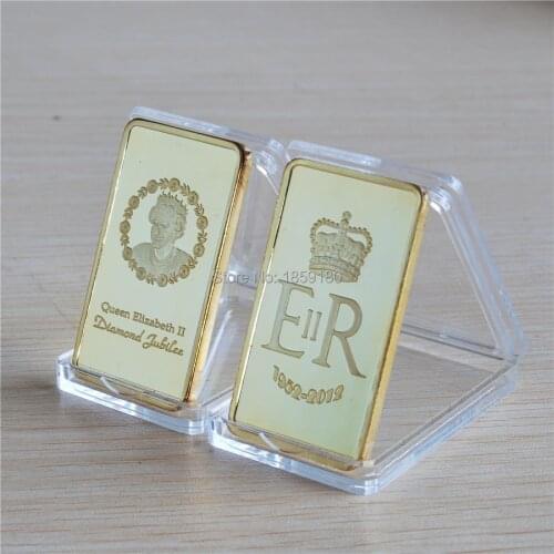 Promotional Gifts!Free Shipping Wholesale 5pcs/lot 1oz iron plated pure gold ER II 1952-2012 QUEEN ELIZABETH UK bullion bar