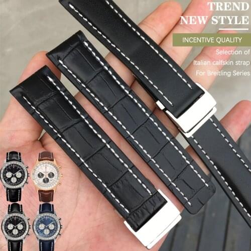 22/24mm Fit for Breitling Genuine Leather watch band strap Premier B01 Colt Chronograph Avenger AVIATOR 8 steel folding buckle