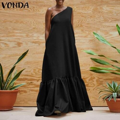 Sexy One Shoulder Dress Women Evening Party Maxi Dresses 2021 VONDA Casual Loose Swing Bohemian Dress Beach Vestidos Plus Size