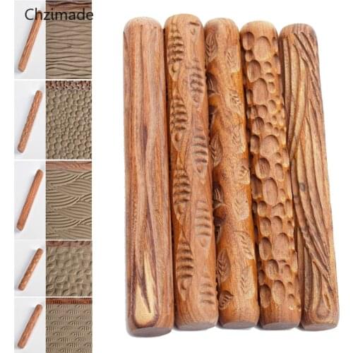 Lychee Life Pottery Clay Tools Wood Texture Rolling Pin Embossing Stick Bubble Fish Leaf Wave Pattern Ceramic Clay Tools