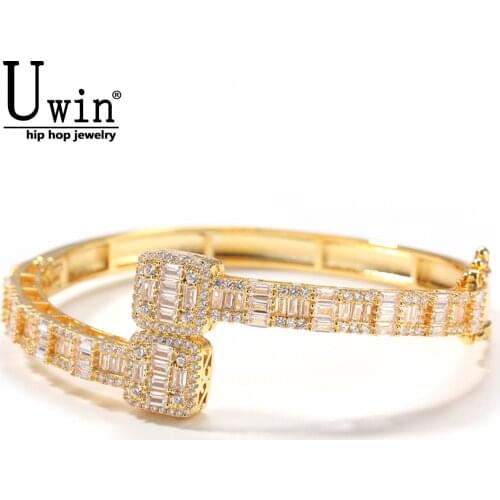 Uwin Baguette CZ Bracelets Mens Bangles Iced Out CZ Gold Silver Color Luxury Box Clasp Drop Shipping