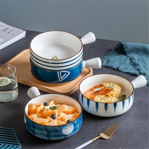 6/8 Inch Japanese Ceramic Baking Bowl With Handle Soup Salad Plate Heat Resistant Microwave Breakfast Baked Rice Pan Tableware