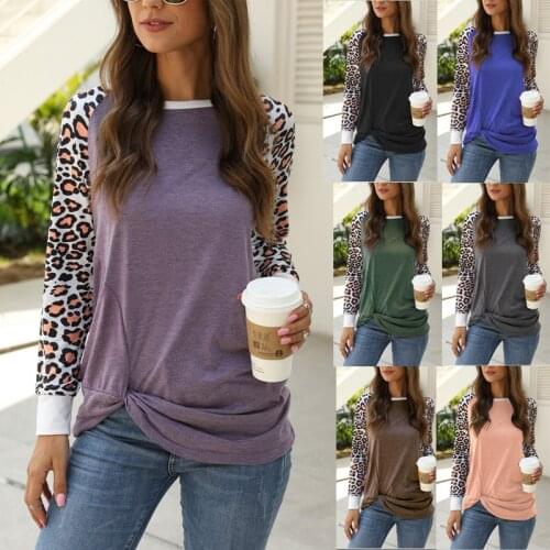 2021 Autumn Leopard Print Twisted Long Sleeve T-Shirt Women O Neck Loose Top Casual Fashion T Shirts Tops Tees Plus Size 5XL