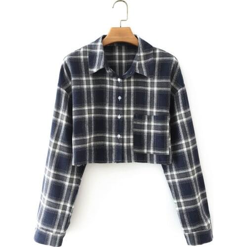Women T-Shirts Autumn Long Sleeve Plaid Color Crop Top Turn-down Collar Pockets Casual Female Blouse Chic Streetwear Tees C2827