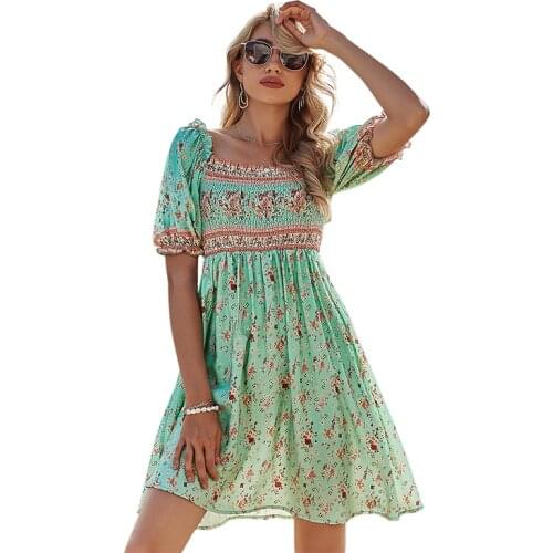 2021 Womens Summer Short Bohemiani Dresses Printing Slim a Line Vestidos Short Lantern Sleeve Square Collar High Waist Dress