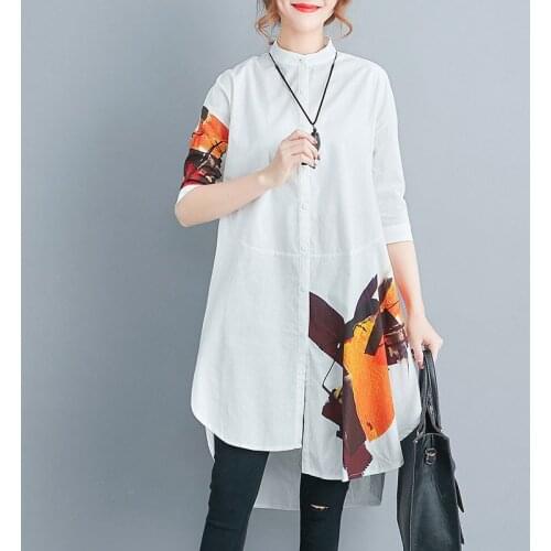 Oversized Women Casual Long Shirts New 2021 Summer Korean Simple Style Vintage Print Loose Female Cotton Linen Tops S2889