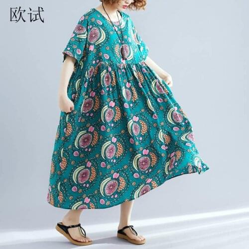 Plus Size Cotton Linen Casual Floral Dress Women Long Print Dresses 4XL 5XL 2019 Summer Midi Vintage Retro Dress Jurken robe