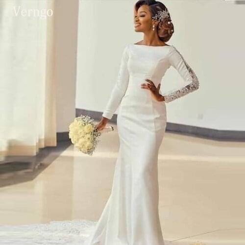 Verngo Mermaid Wedding Dress 2020 Lace Long Sleeves Satin Bride Gowns Backless Long Train Bridal Dress Vestido de noiva