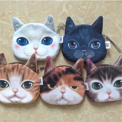 3D Oval Cat Face Print Mini Coin Bag Wallet Pocket Women Purse Eye Zip Pouch Key Case
