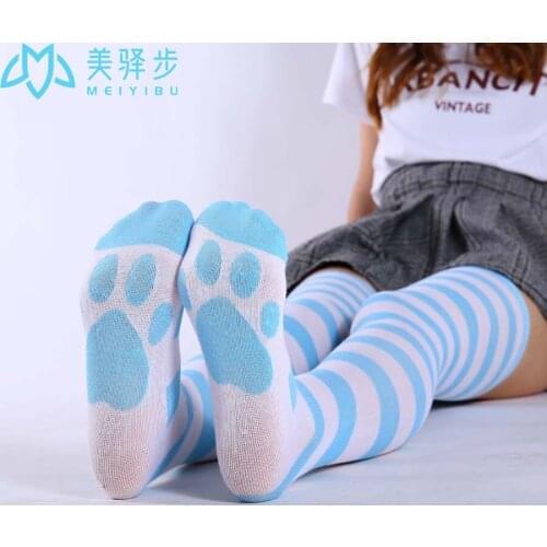 6 Pairs Per Set Cute Female High Knee Socks Blue White Strip Stocking Over Knee-length Thigh Dance Stocking Female Girl Women
