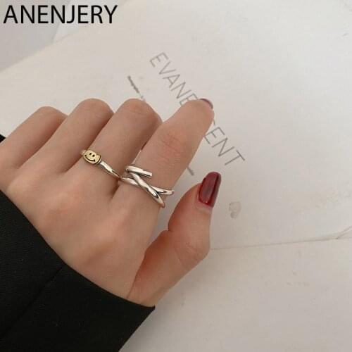 ANENJERY 925 Sterling Silver Smiling Face Crossed X-shape Open Rings for Women Girls Birthday Gift Jewelry Wholesale S-R847
