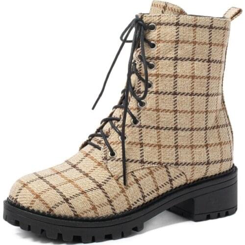Big Size Lace up Plaid Martin boots boots women shoes ankle boots for women ladies boots shoes woman winter