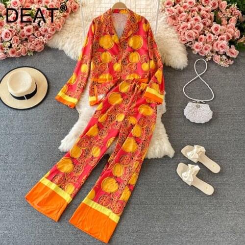 DEAT Women Printed V-neck Homewear Long Pants New Two Piece Set Fashion Temperament Spring Summer 2021 11D1410