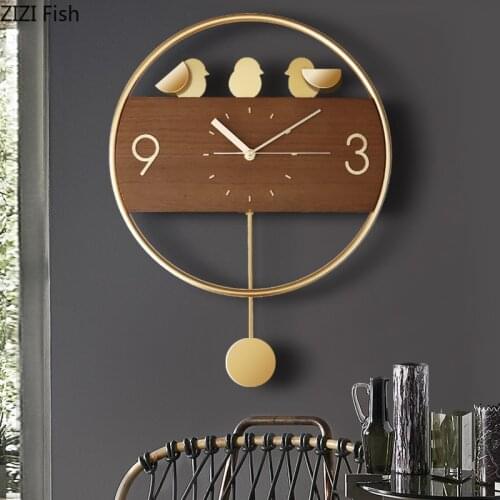 Brief Wood Wall Clocks Golden Bird Decorative Silent Sweep Needle Hanging Clock Wall Decorations Living Room Wall Ornament