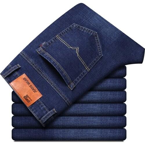 Mens thin jeans loose middle aged adult pants mens work elastic work pants size 28-40 straight cut wash casual jeans