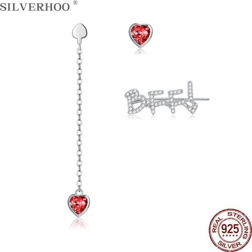 SILVERHOO 925 Sterling Silver Asymmetry Letter Heart Earrings Dangle Red Austria Crystal Stud Earring Womens Fine Jewelry New