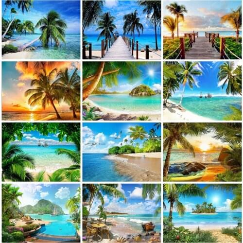 Huacan 5d Diamond Painting Square Sea Landscape Living Room Wall Decoration Mosaic Coconut Tree Scenery Diamond Art