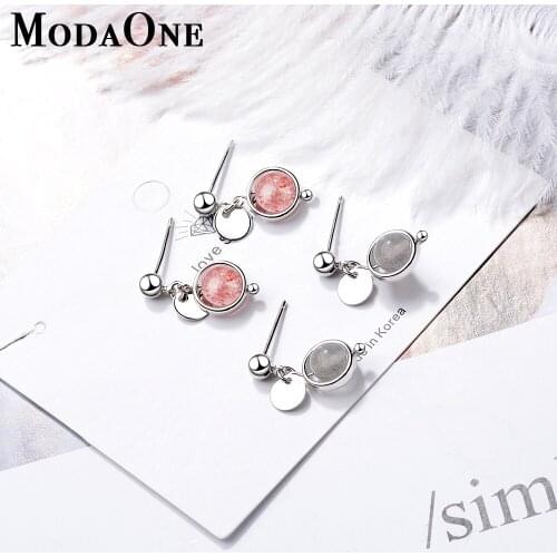 ModaOne Korean Pink Strawberry Crystal 925 Sterling Silver Stud Earring For Women Moonstone Tassel Fashion Earring ED759