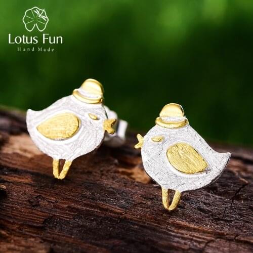 Lotus Fun Real 925 Sterling Silver Natural Handmade Designer Fine Jewelry Lovely Gentleman Bird Stud Earrings for Women Brincos
