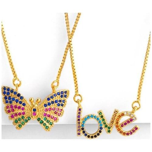 Love butterfly micro pave cz zircon cubic zirconia necklace copper Clavicle gold plated Snake Chain Choker Pendant xfv34