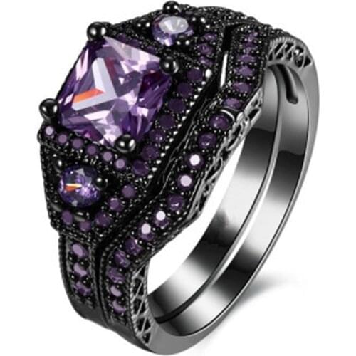 Milangirl Fashion Jewelry Princess Cut Purple Zircon stone Black Filled Wedding Ring Set Anniversary
