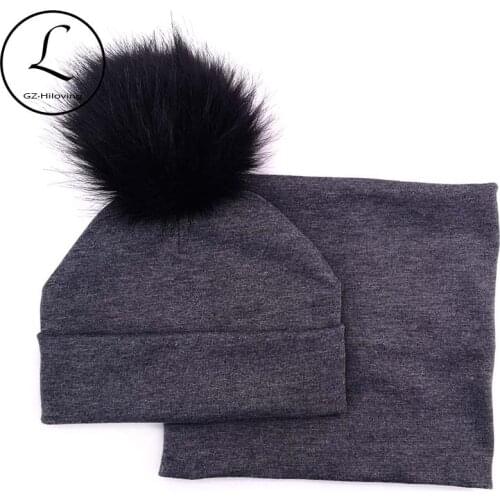 GZhilovingL Winter Faux fur Pompom Hat Scarf Set For Children Newborn Baby Girls Boys Soft Cotton Scarf For Toddler Infants