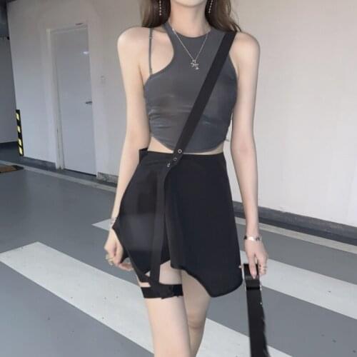 New Irregular Single Strap Skirt Solid Black High Waist A- line Drawstring Leg Gothic Punk Cool Girl mini Skirt