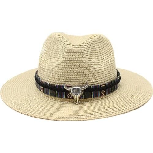 Bucket Hat Summer Panama Men Straw Hats Women Vintage UV Protection Jazz Cowboy Cap Bull Head Wide Brim Ladies Beach Visor Hat