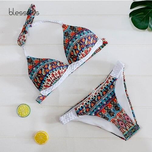 Blesskiss 2021 Handmade Crochet Bikini Push Up Women Printed Floral Boho Halter Top Swimming Suit Swimwear Swimsuit Bathing Suit