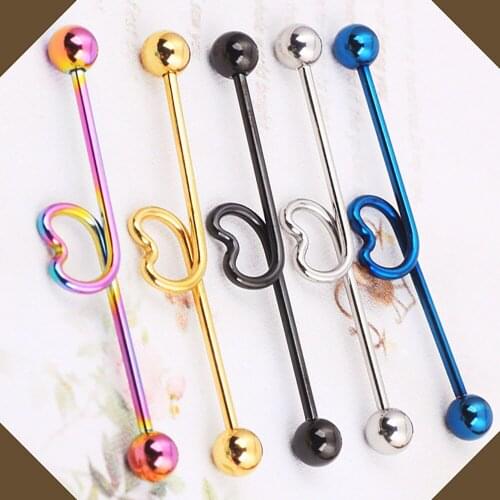 TIANCIFBYJS Heart Style Industrial Barbell Cartilage Earring 14G Surgical Steel Helix Conch Tragus Piercing Body Jewelry 100pcs