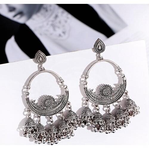 Ethnic Big Round Women Earrings Beads Tassel Gold Vintage Classic Flower Bollywood Oxidized Bell Earrings